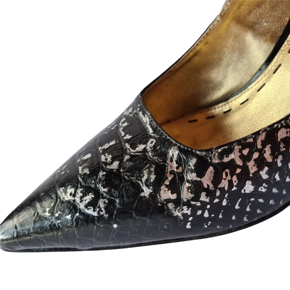 MIMCO Size 37 Leather Black Pointed Toe Silver Embossed Pumps Heels - Picture 8 of 13